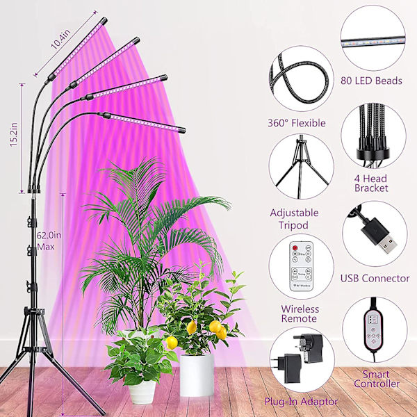 Plantelampe, Vekstlampe Med Stativ, 80 LEDer Plante Hortikultur Lampe Blomstring 4 Hoder Fullspektrum Vekstlampe, Med 10 Dimmbare Nivåer 3 Timer Moduser