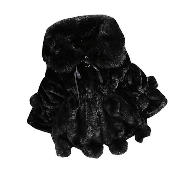 Børnejakke med imiteret pels, stor pelskrave, pelsbold, tyk quiltet pigejakke, vintertøj, 140 cm, sort balck 140cm