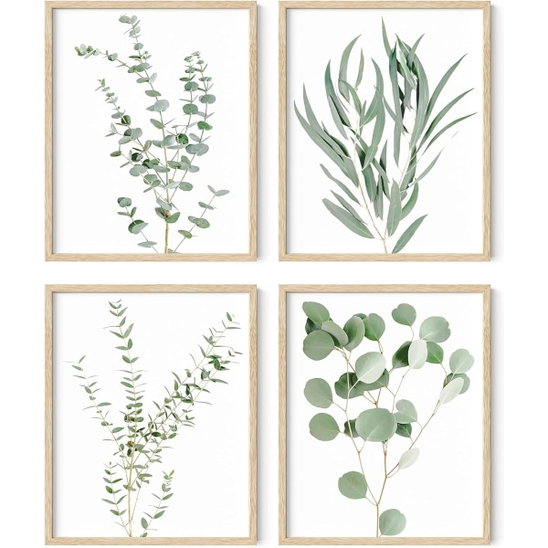 Haus og Hues innrammede botaniske trykk - Sett med 4 innrammede plantebilder Veggkunst, botanisk dekor, eukalyptusdekor, (8X10 beige innrammet)
