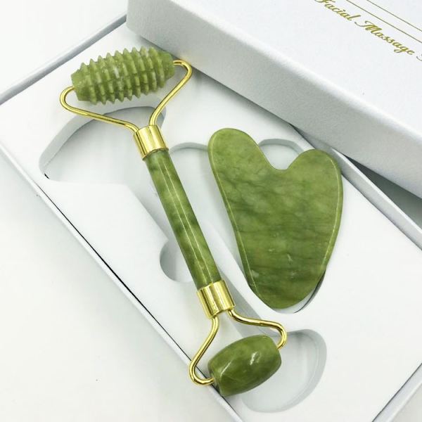 Jade Roller og Gua Sha Sæt Massage Roller Guasha Plade Dobbelt Hoveder Jade Sten Jade skønhedsruller massager