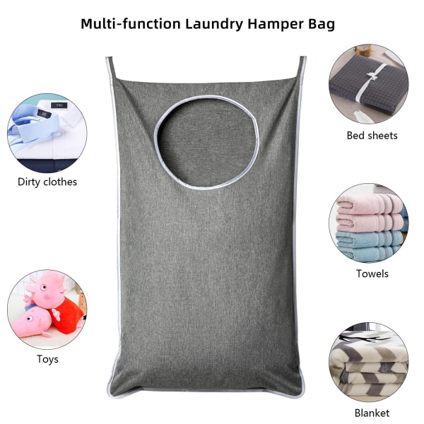 Hengende vaskepose med gratis justerbare kroker i rustfritt stål, beste valg for å holde skitne klær, grå