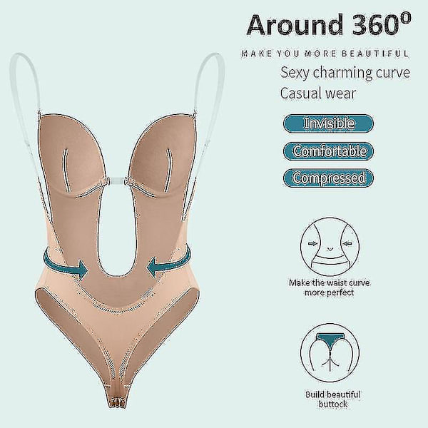 Shapewear Body Shaper med dyb V-udskæring til kvinder, gennemsigtige stropper, polstret push-up korset undertøj, usynlig BH lingeriM M