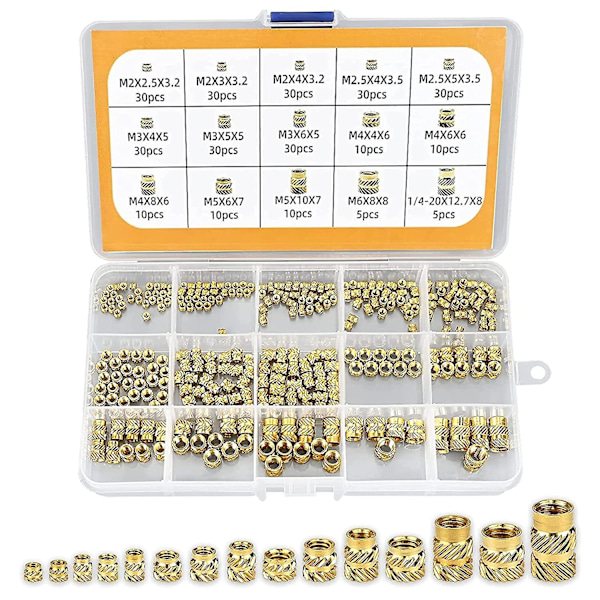 Gjengeinnsats, 300 stykker Mutterinnsatser M2, M2.5, M3, M4, M5, M6 Gjengeinnsats Hunngjenger Messing Knurlet Muttere Gjengede Sokker Messing Knurlet Innsats