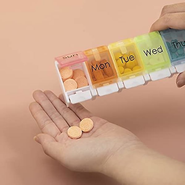 Ugentlig pilleæske, rejsetabletæsker 7 dage med unikt fjederstøttet åbent design og stor medicinæske til at indeholde vitaminer (2 stk, farverig)