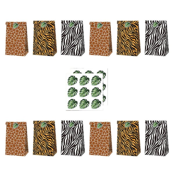 12 stk. Jungle Dyr Indpakkede Godteposer Jungle Papirposer Festgaver Punger Fødselsdagsgodteposer 19,8x11,9cm 19.8x11.9cm