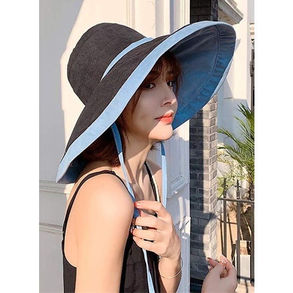 Damhatt Solhatt Packbar Vändbar Bucket Hat UV-skydd Bredbrättad Sommar Strandkeps Ljusblå Lightblue