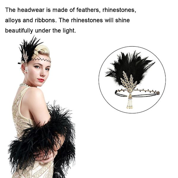 Art Deco Flapper Lehti Hääkruunu Helmi Pääpanta Päänauha Musta Black