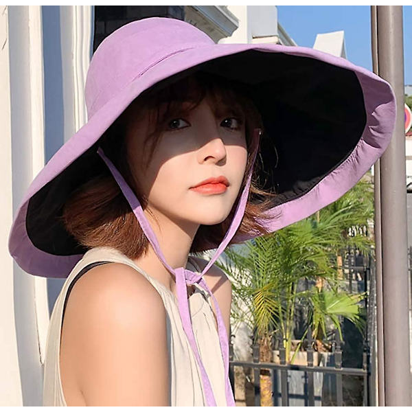 Damhatt, Packbar Vändbar Bucket Hat, UV-Skydd, Bred Brätte, Sommarstrandkeps, Lila Purple