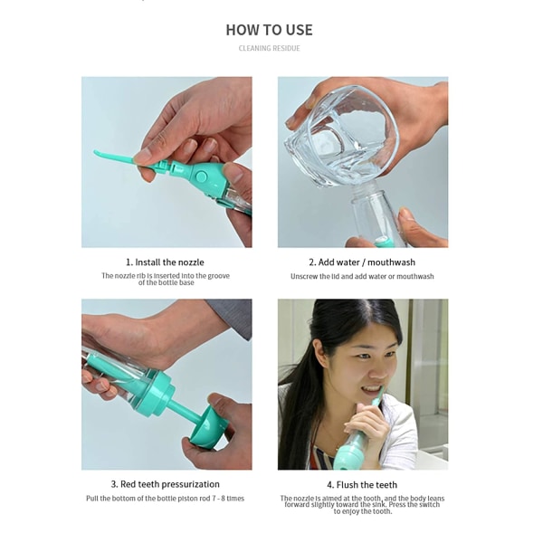 Trådlös vattenflosser icke-elektrisk bärbar, manuellt lufttryck enkel användning, flaskförstärkande tandspolare för munnen