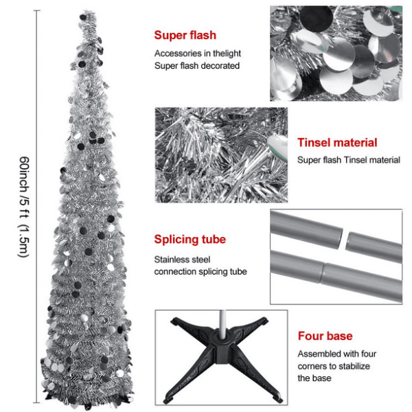 5ft Pop Up Christmas Tinsel Tree with Stand, Gorgeous Collapsible Artificial Christmas Tree for Christmas Decorations