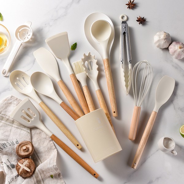 Köksredskapsset i silikon med trähandtag, 14 delar, non-stick verktyg, köksredskap, serveringssked set_xrzi Khaki standard
