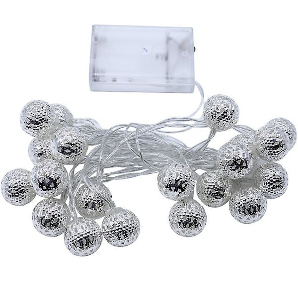 Marockansk LED-ljusslinga - 5 meter | Med strömkabel, inte batterier | 50 varmvita LED-lampor | Orienterade bollar | Dekoration silver
