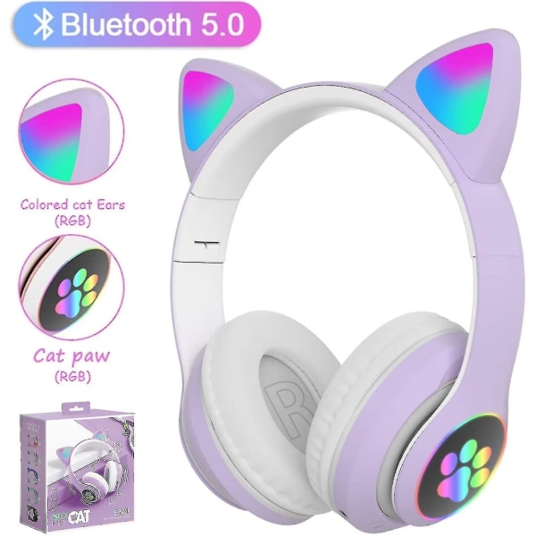 Foldable Over-ear Cat Ears Bluetooth Wireless Headphones With Mic, Adjustable Stereopurple