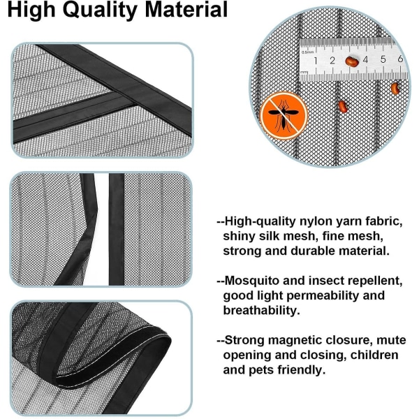 Magnetiskt myggnät för dörrar, olika storlekar, 90 x 210 cm, kraftfulla magneter, automatisk stängning, dörrgardinkorridorer Uteplats utan borrning, svart