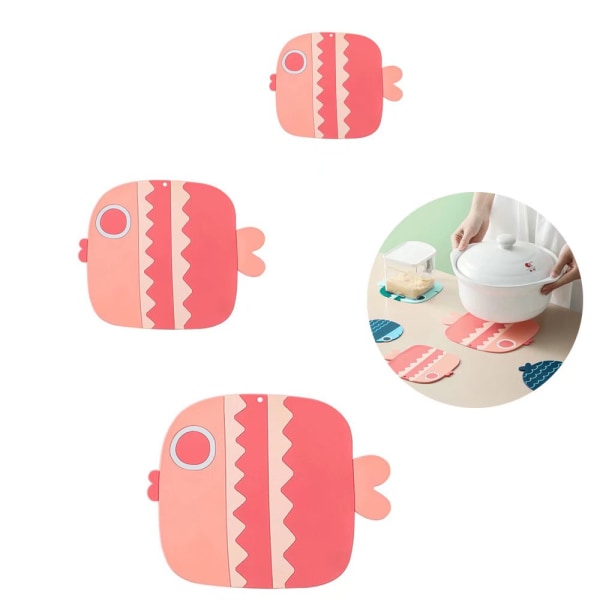 Tykke PVC isolasjonsmatter sklisikre husholdningsbollematter silikon te-underlag søte tegneseriefisk isolasjonsmatter 3 stk (liten + medium + stor, rosa)