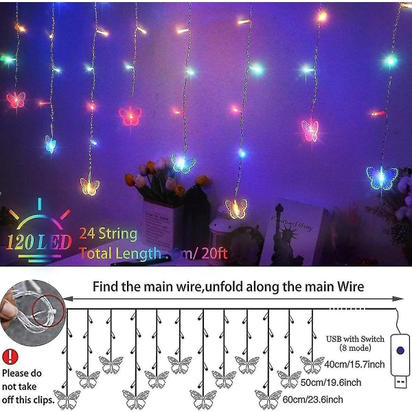 120 LED Butterfly Gardinlys USB-plugg - 19,7 fot 8 Mønstre for Soverom Juler Bryllup Festdekorasjoner (farge)plugg-inn Fjernkontroll