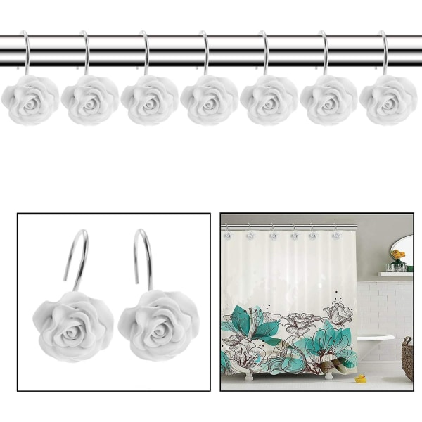 12 stk. Hjemmemode Dekorative Rustfrie Bruseforhængskroge Rose Design Bruseforhængsringe Kroge (rød)Hvid White