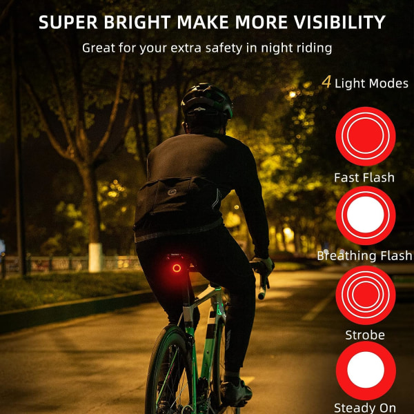 Älykäs pyörän takavalo, jarrut tunnistavat polkupyörän takavalot yöajoon, ladattava USB , erittäin kirkkaat LED-taustavalot, IPX6 vedenpitävä, pyöräilyturvallinen