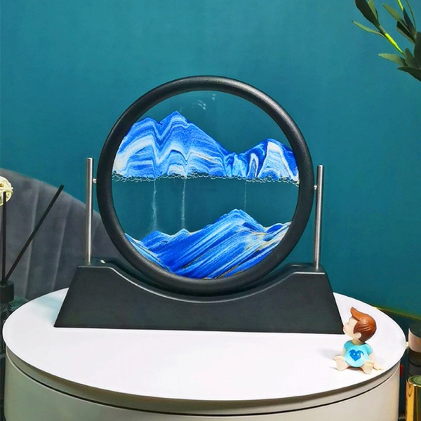 Rörlig sand Konstbildram Rund glassandlandskap 3D djuphavsskärm Rörlig vätska Dynamisk kornfoto Timglasfestpresent (blå)