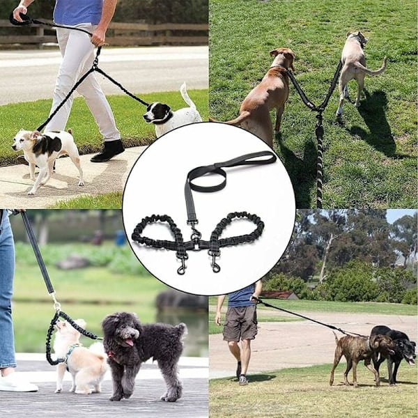 Koppel til 2 hunde, sammenfiltringsfrit dobbeltkoppel til hundetræning 360° roterbar justerbar reflekterende længde dobbelt line til to_RY