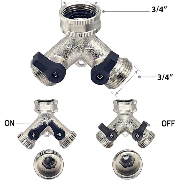 RYO_2-veis hageslangesplitter, 2-veis krankobling med individuell av/på og to hurtigkoblinger, 3/4\" krank Y-splitter messing slangekobling - Sølv