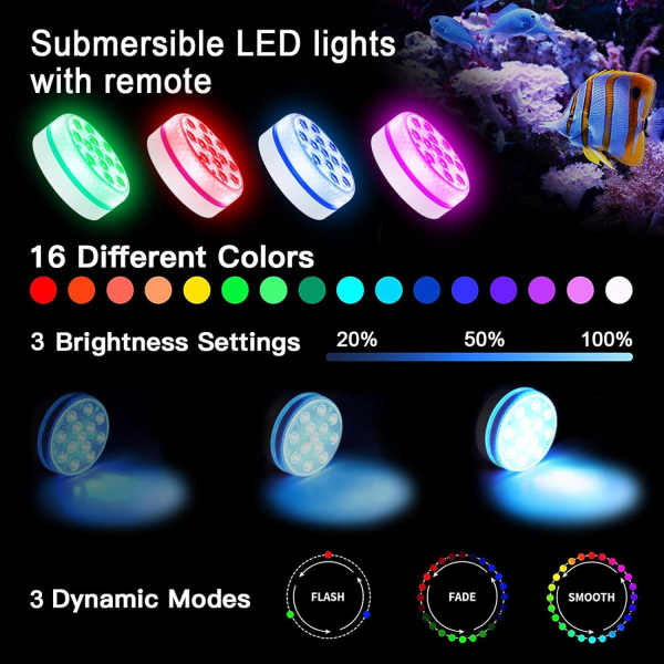 LED svømmebassenglampe nedsenkbart lys, LED svømmebassengbelysning Belysningstid 30-50 timer IP68 Vanntett 16 RGB farger Dekor