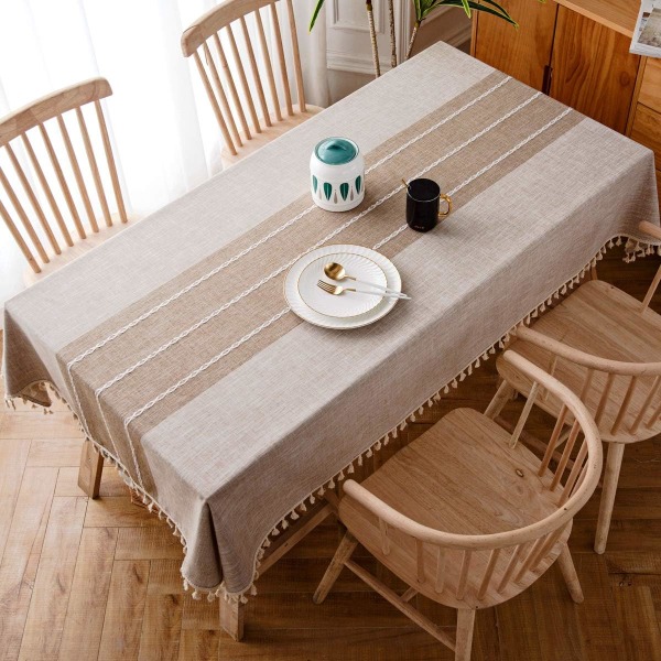 Yksinkertainen kangas raidallinen pöytäliina, puuvillan ja pellavaisen pölynkestävä pöytämatto, kotikeittiön koristelu suorakaiteen muotoinen pöytäliina (140*220cm, ruskea)