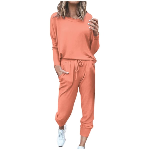 Women Loose Two-piece Sets Solid Long Sleeve Tops Vest Casual Pants SweatsuitLWatermelon Red