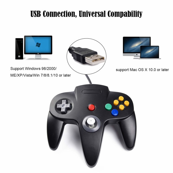 2 Pack USB Wired N64 Controller, suily Classic N64 PC Gamepad Joystick Controller PC MAC Pi 3:lle (musta/harmaa)