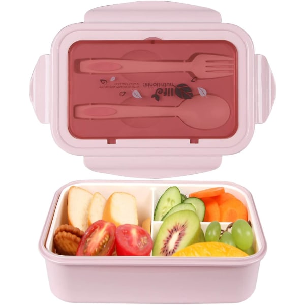 Lunchlåda, Bentolådor, Lunchlåda, Läckagesäkra Lunchlådor för Barn och Vuxna, Bento Lunchlådor med 3 Fack och Bestickrosa pink