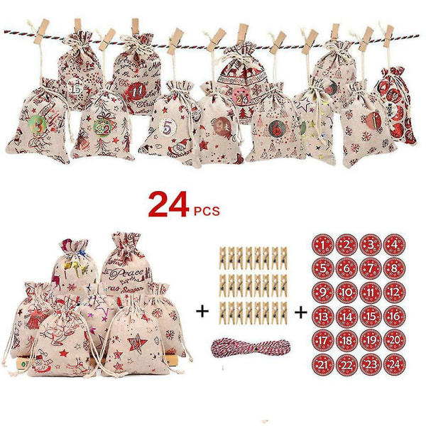 1 Sæt Julegaveposer 24 Dages Nedtælling Adventskalender Klistermærke Hamptov og Klips DIY Ferie