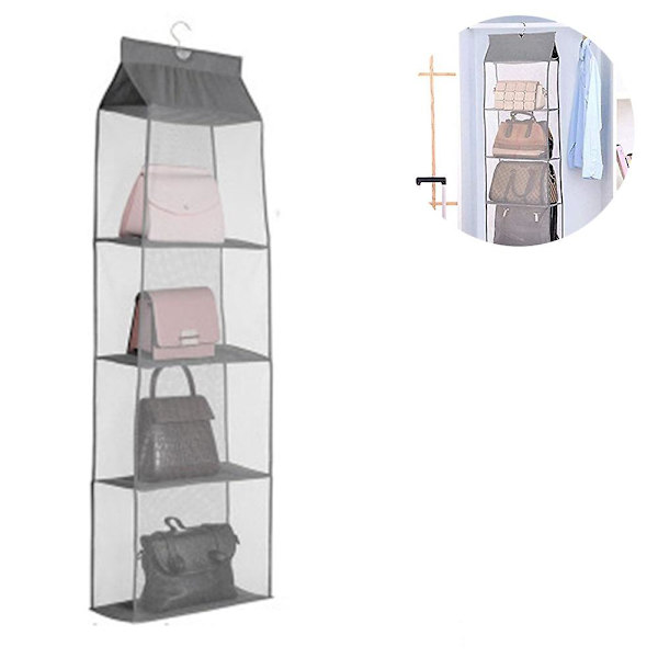 Avtakbar Hengeveske Håndveske Organiserer For Kleskap, Veske Oppbevaring Holder For Garderobe Kleskap Med 4 Hyller Plassbesparende Veske Organiserer Grå Grey
