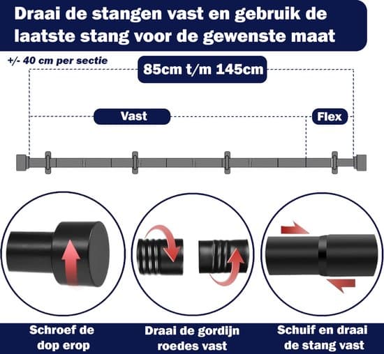 Justerbar gardinstang 85-145 cm, spændestang i rustfrit stål til tunge gardiner, rustfri til badeværelse, stue, soveværelse, køkken, sort