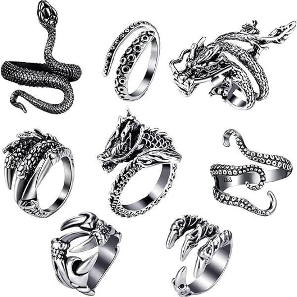 8 Vintage Punk Ringe - Drager, Slanger, Blæksprutter - Retro Åbne Justerbare Ringe Sæt Punk Stil