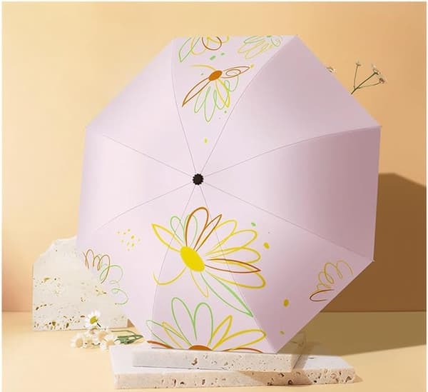 Kompakt reseparaply, UPF 50+ UV-skydd, vindtålig med 8 ribbor, vattentät rosa blommig design för kvinnor