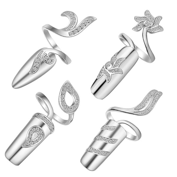 4 stk. Åbne Fingerneglringe Kvinder Negle Dekorative Ringe Rhinestone Legering Ringe Sølv 2,8x0,7cm Silver 2.8x0.7cm