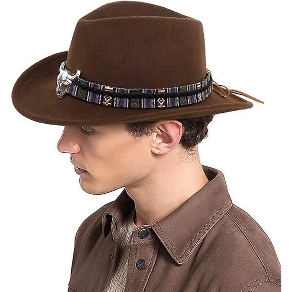 Unisex Krossbarbar Cowboyhatt Western Cowgirl Outbackhatt Cattleman Fedora Med Flätad Band Och Tjurskalle Brun Brown