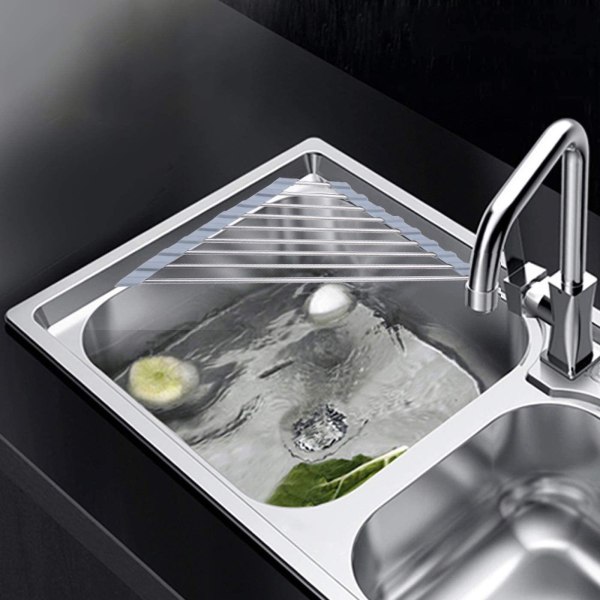 Liten Triangelformad Upprullningsbar Dish Drying Rack med Silikonbeläggning Rostfritt Stålram för Diskhohörn, Multifunktionell Över-Diskho Köksavrinnare
