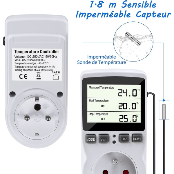 Termostatkontakt, Digital Temperaturregulator, Programmerbar Digital Kontakt med Sonde, Programmerbar Digital Timer, Oppvarmingskontakt for Drivhus, Akvarium