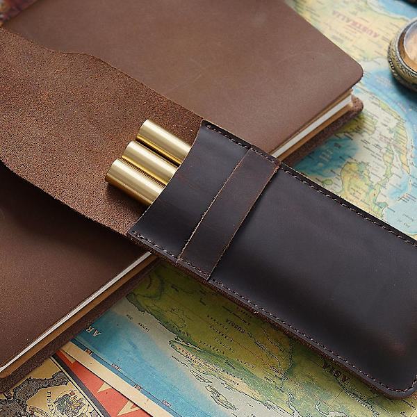 Ekte lær pennveskeholder for fountain pen, multipenner, beskyttende etui, retro klaffdeksel, flere pennsett, brun Brown