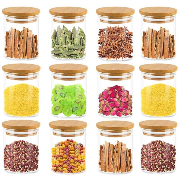 Paket med 12 kryddburkar Förvaringsburkar Kryddburkar i glas 120 ml med högkvalitativt trälock gjord av bambu för förvaring av teörter och kryddor