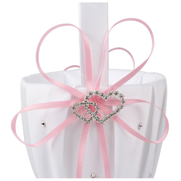 3x Dobbel Hjerte Bryllup Blomstjentekurv Hvit Satin Rhinestone Dekor Rosa Bryllupsfest Gave