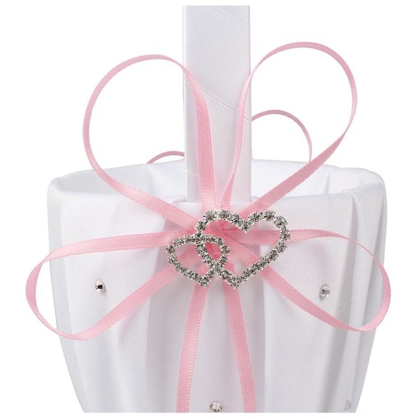 3x Dobbelt Hjerte Bryllups Blomsterpige Kurv Hvid Satin Rhinestone Dekoration Pink Bryllupsfest Gave