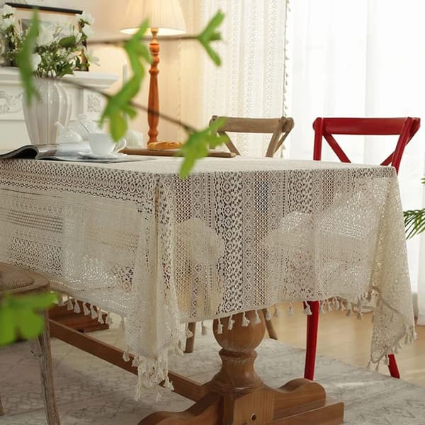Boho virkad duk med tofsar 90% bomull geometrisk randig rektangulär bordsduk 59 x 70 tum för middagsbjudningar inomhus och utomhus