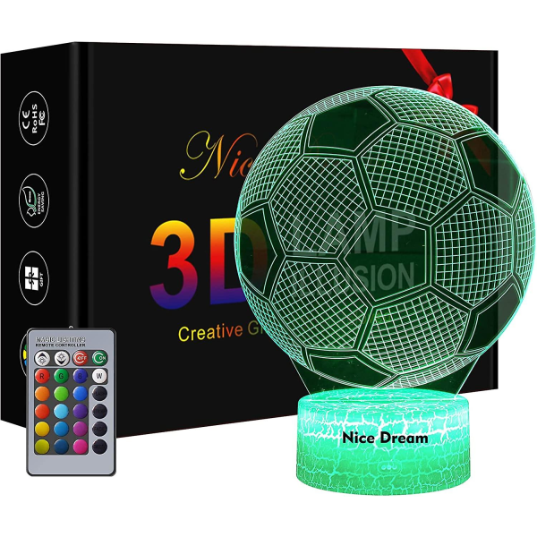 Fotball 3d nattlys for gutter, 3d optisk illusjonslampe, dimbart 3d nattlys med 16 fargeendringer og fjernkontroll, bursdag og jul G