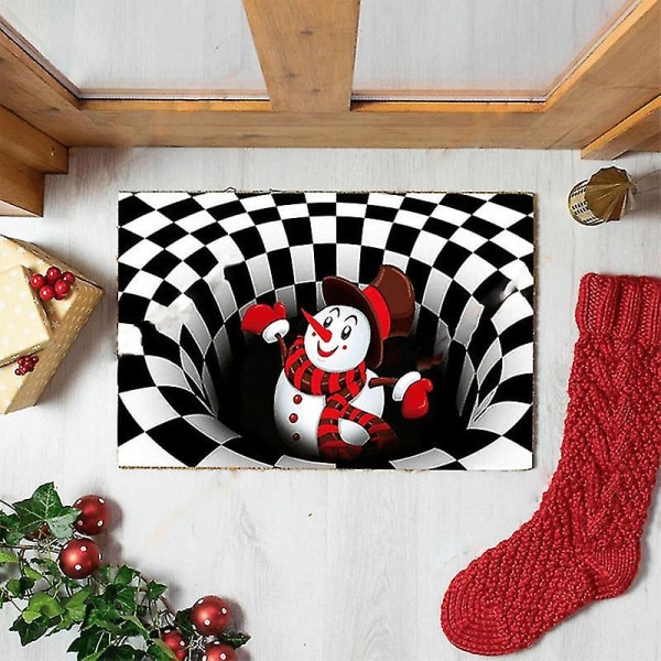Jule 3D Illusion Dørmatte Antislip Gulvmatte Sengsideområde Tæpper Til Soveværelse Stue Børn 80X160cm Sort Snemand Black Snowman 80X160cm