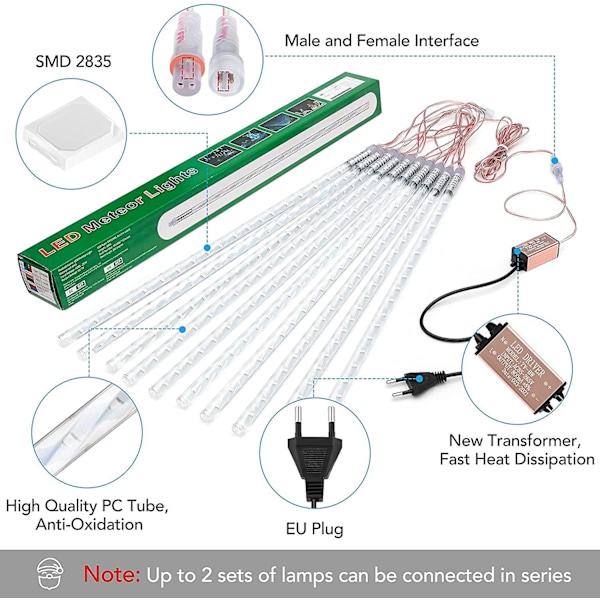 Meteorskur-lys, Julepyntlys, Feelykter, 50 cm, 10 Rør, 480 LED-lys, IP65 Vanntett, For Jule-/hage-/bryllups-/festdekorasjon