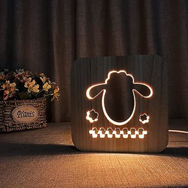 Kreativ 3D Delfin Trælampe, LED Bordlampe USB Strøm Tegneserie Natlampe Skrivebordslampe Hjem Soveværelse Dekoration Lampe, Gave Til Børn Voksne Piger Drenge BSheep Sheep
