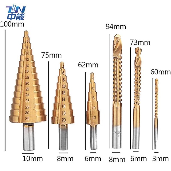6 stk Trinbor & Savbor Sæt HSS Bor til Plade Aluminium Jern Metal Rustfrit Stål Træ Hulboring Udvidende Multifunktionel Spiral