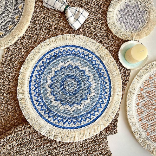 4pcs Bohemian Woven Cotton Placemat Fabric Fringed Heat Insulation Pad Anti-scald Pot Household Dec